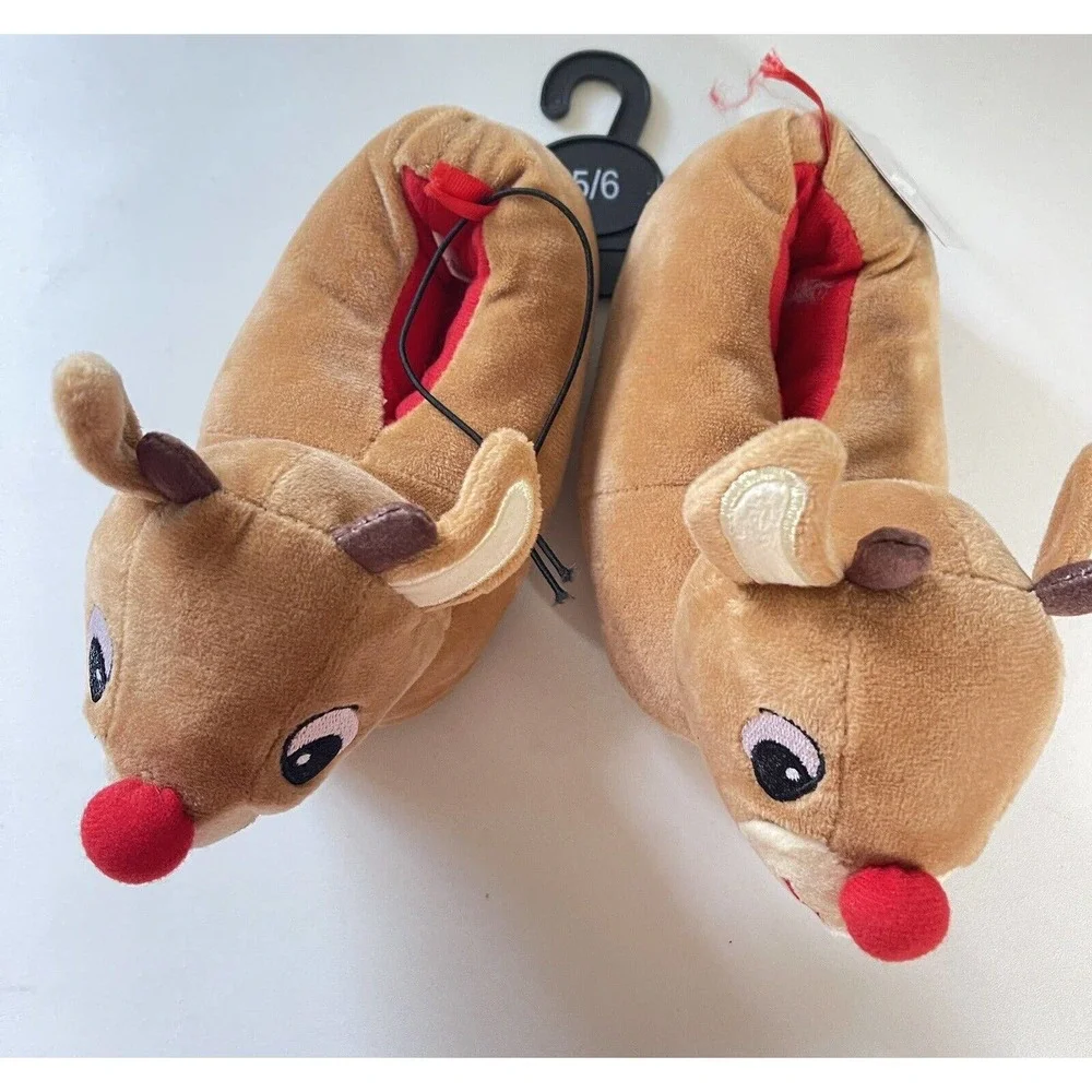 Rudolph Toddler Christmas Slippers The Red Nosed Reindeer Brown Size 5/6 NWT